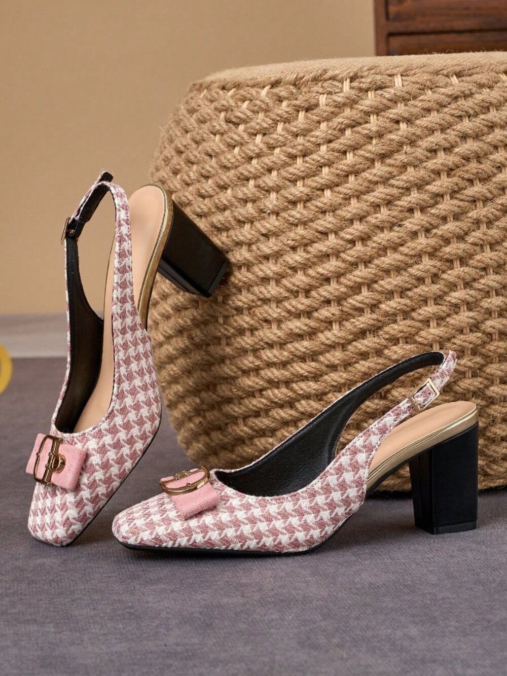 Pink Elegant Women' Soft Chunky houndstooth Heel Pumps - Picture 7 of 8